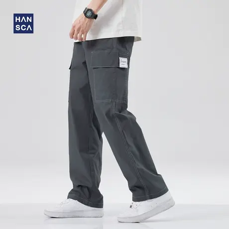 hansca工装休闲裤男春季新款直筒宽松复古潮流拼接痞帅大码长裤子商品大图