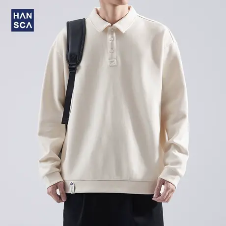 hansca男士卫衣宽松秋季爆款长袖polo衫重磅套头纯色简约翻领t恤商品大图