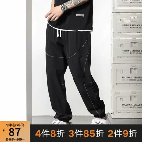 GxxH潮牌大码男装2023春夏胖子个性加肥加大速干黑色线条束脚长裤商品大图