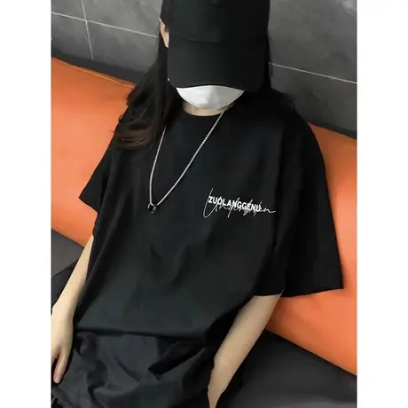潮牌新款黑色女装上衣独特短袖T恤女纯棉2024夏季爆款宽松上衣潮商品大图