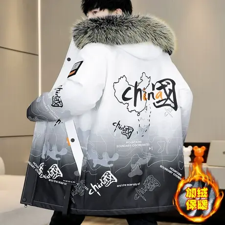 冬季保暖毛领棉服男潮牌帅气派克服中长款防寒加绒加厚连帽棉衣袄商品大图