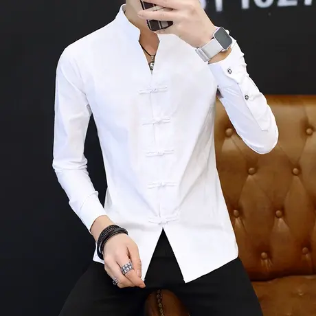 长袖t恤男立领中国风盘扣青年上衣服修身体恤2023春秋薄款打底衫商品大图