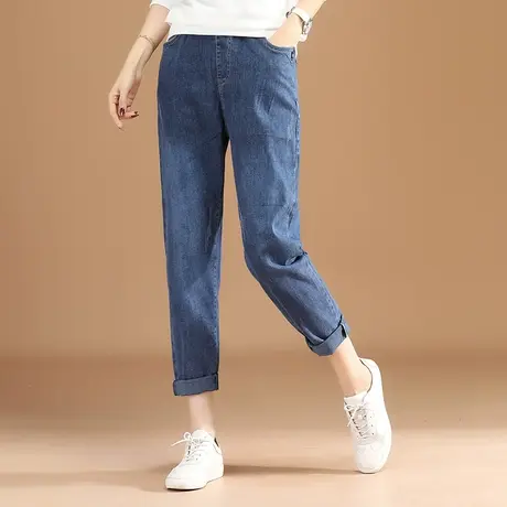 韩潮袭人松紧腰小雏菊牛仔裤女2023年新款秋装宽松抓纹哈伦长裤子商品大图