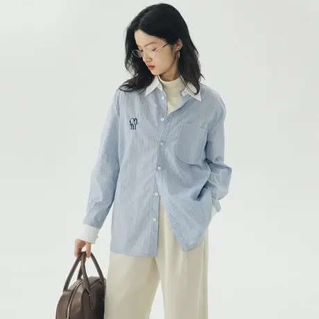 omont蛋挞家 蓝色条纹衬衫女2023秋季新款刺绣宽松长袖衬衣上衣商品大图