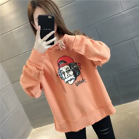 2023新款连帽宽松套头卫衣老人头印花连帽百搭韩版毛边做旧新潮女图片