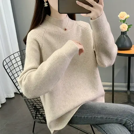 2023年秋冬新款半高领毛衣女针织衫纯色宽松外穿插肩袖上衣女套头图片
