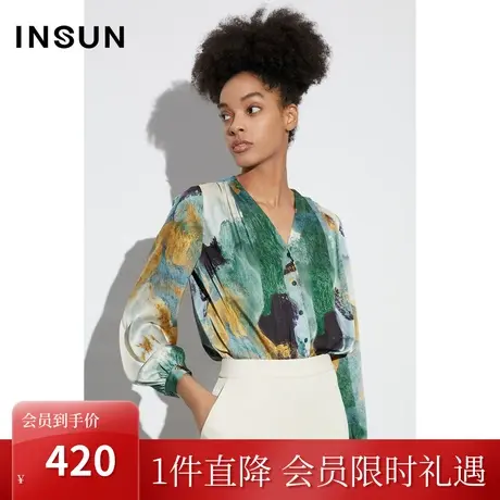 恩裳COVER2023年春款新款浪漫法式缎面印花前门襟打褶泡泡袖衬衫图片