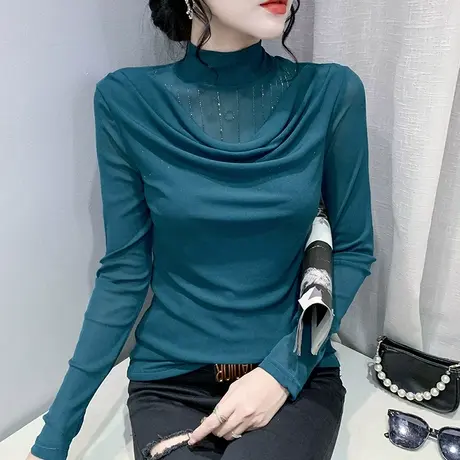 气质半高领打底衫女春秋设计感小众烫钻上衣漂亮性感网纱长袖T恤商品大图