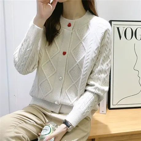 2023年秋装新款圆领麻花针织开衫外套女短款小个子宽松外穿上衣女商品大图