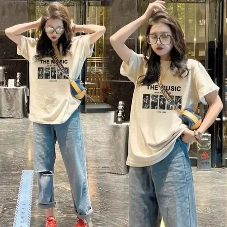 潮牌2023年新款纯棉宽松杏色短袖T恤女夏欧货大版中长款上衣潮ins图片