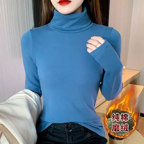 纯棉翻领长袖加厚t恤女气质百搭高领保暖体恤2023秋冬季上衣内搭商品大图