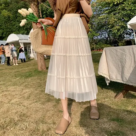 网纱半身裙女2023春夏新款蕾丝甜美a字百褶中长裙高腰显瘦两面穿图片