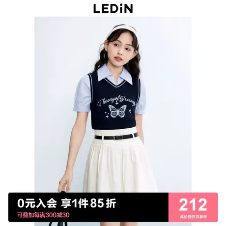 乐町新品假两件拼接短款上衣2023秋季新款女装复古学院风短袖衬衫商品大图