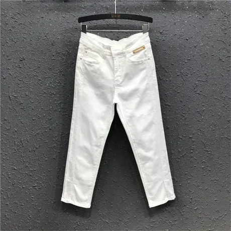 时尚白色开叉七分裤欧货女夏季新款修身显瘦小个子韩版直筒牛仔裤图片