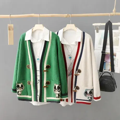 2023年新款秋装慵懒风牛角扣针织衫开衫女长袖宽松外搭毛衣厚外套图片