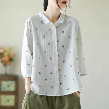 夏季韩版文艺小清新印花双层纱纯棉七分袖衬衫女学生宽松中袖上衣商品大图