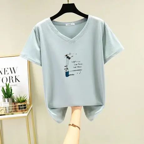 短袖t恤女宽松纯棉打底衫大码上衣2021年新款夏ins潮V领纯色半袖商品大图