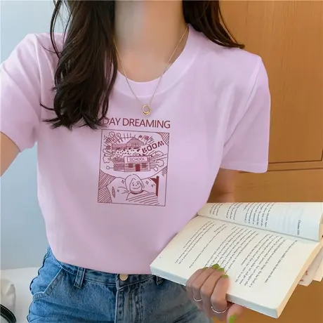 冰瓷棉淡紫色t恤女短袖圆领宽松夏装2023年新款简约体恤别致上衣商品大图