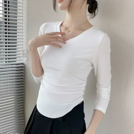 V领长袖T恤女2023早秋新款纯色简约遮肚子修身显瘦衬衫内搭打底衫商品大图