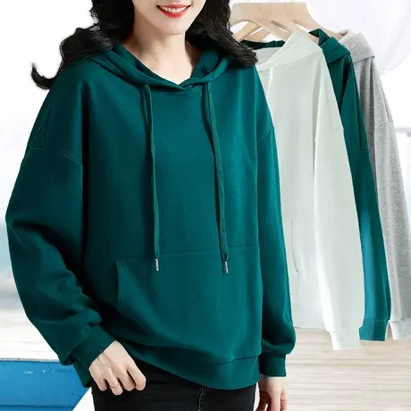 深绿色连帽卫衣女中年妈妈春秋季oversize超大版宽松套头纯色上衣图片