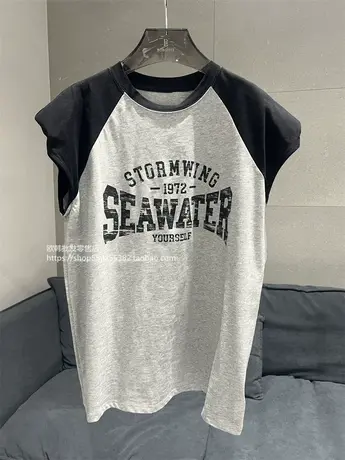 欧货插肩袖无袖坎肩T恤女夏季原宿风宽松垫肩撞色设计感小众上衣商品大图