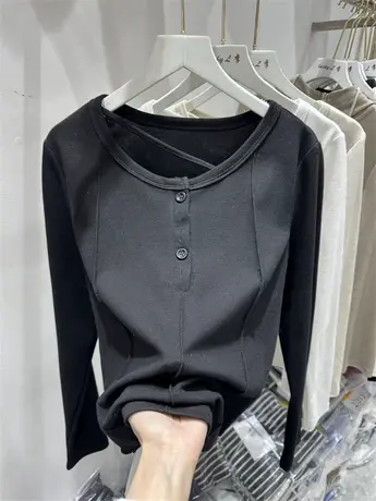 2023春季新款韩版纯色休闲百搭时尚斜边杠修身长袖T恤女上衣商品大图