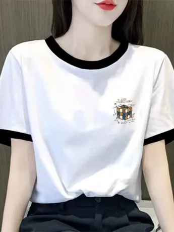 白色仿棉短袖t恤女夏季2023新款港风chic潮牌正肩小众设计感上衣图片