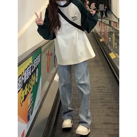 ins超火撞色插肩袖T恤女秋装宽松显瘦洋气减龄百搭纯棉学生上衣服商品大图