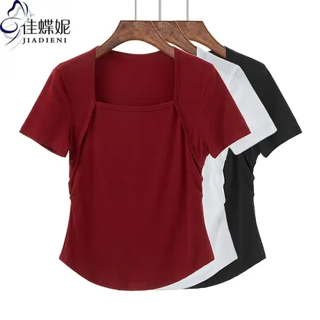 夏季新款方领修身显瘦圆弧纯欲纯棉纯色褶皱短袖体恤上衣女打底衫商品大图