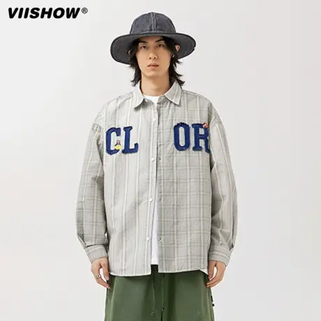 VIISHOW国潮高街小香风衬衫男ins潮高级感轻奢刺绣情侣格子衬衫图片