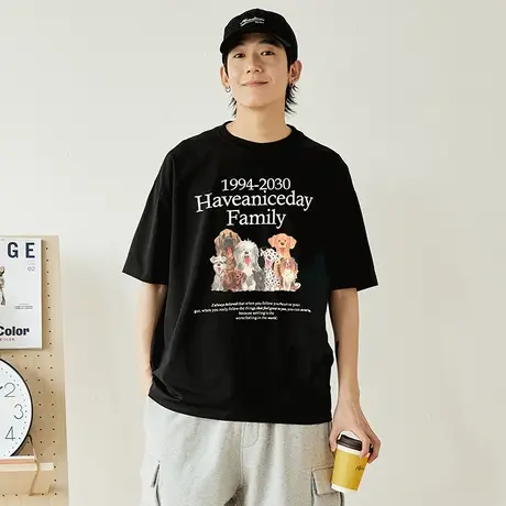 潮流潮牌狗狗印花t恤男短袖2023新款夏季宽松黑色男装小众设计感图片