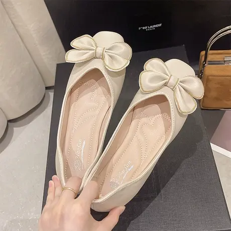 百搭平底单鞋女2022春秋新款方头浅口一脚蹬低跟软底蝴蝶结豆豆鞋商品大图