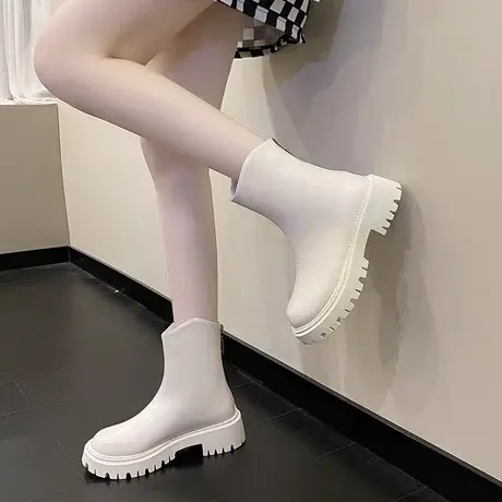 英伦风马丁靴女粗跟高跟鞋黑色帅气系带机车靴新款后拉链骑士靴商品大图