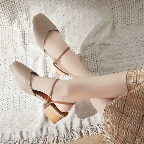 包头凉鞋女夏中跟2023年新款百搭一鞋两穿玛丽珍复古粗跟奶奶单鞋图片