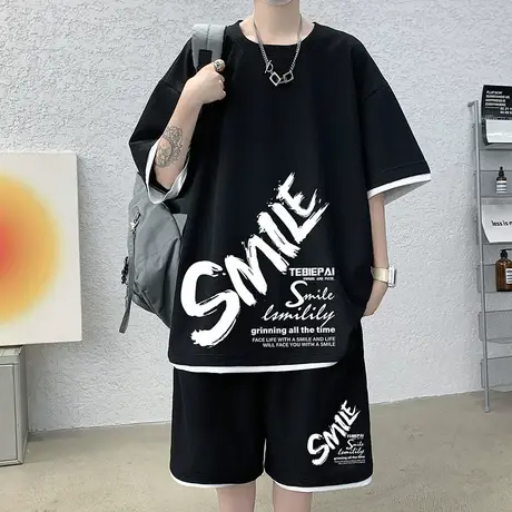 休闲运动短袖套装男夏季薄款家居服美式半袖T恤潮流短裤子两件套商品大图