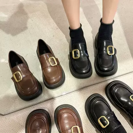 英伦小皮鞋女春秋百搭加绒棉鞋日系黑色复古厚底学院风jk乐福单鞋图片