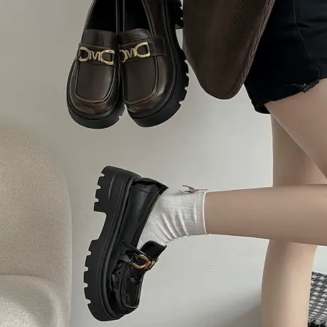 乐福鞋女2024新款春秋季配裙子法式单鞋厚底小个子粗跟英伦小皮鞋商品大图