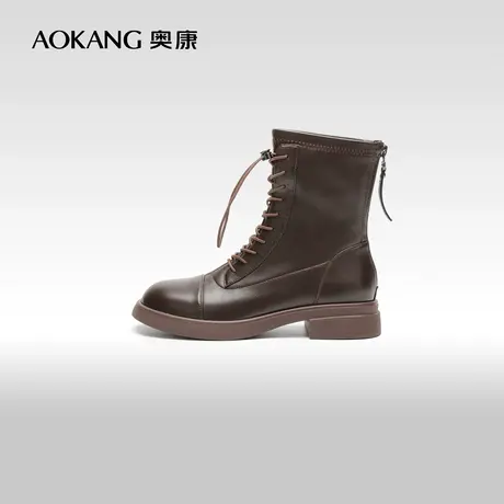 【门店发货】奥康女鞋 冬季新款真皮系带马丁靴中筒靴时尚百搭图片
