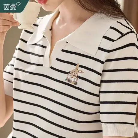 茵曼冰爽丝复古polo领针织短袖T恤女2023夏新款条纹翻领半袖上衣t图片