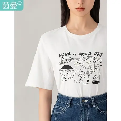 【商场同款】茵曼2023夏装新款圆领字母海边风景印花休闲短袖T恤图片