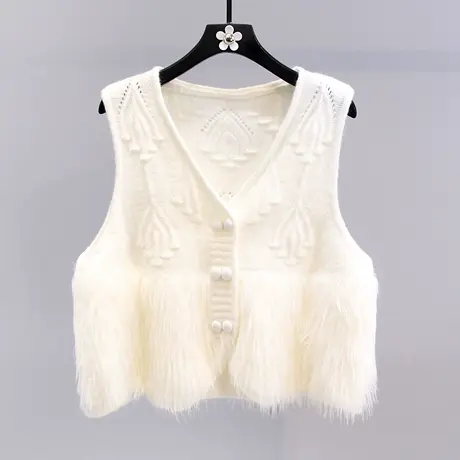 小香风V领水貂绒拼接开衫马甲女秋冬2023年新款宽松洋气短款上衣商品大图