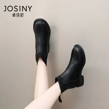 卓诗尼2023秋冬新款粗跟时装靴潮流英伦风短筒靴时尚后拉链女鞋子图片