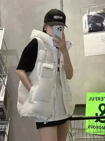 连帽羽绒棉马甲短款2023新款韩版女士假口袋马夹背心坎肩百搭外套图片