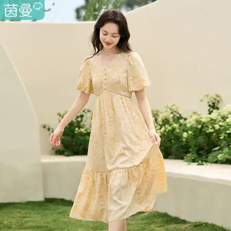 茵曼清新甜美连衣裙2023夏女装新款V领花苞袖收腰拼接印花裙子商品大图