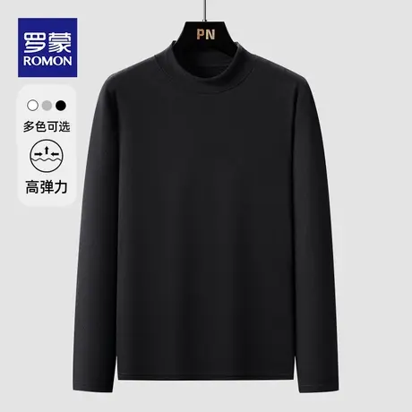 罗蒙黑色打底男秋冬德绒t恤长袖潮流半高领修身上衣保暖男士内搭图片