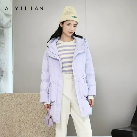 阿依莲2023新款中长款羽绒服女冬白鸭绒立领连帽防风保暖厚外套紫图片