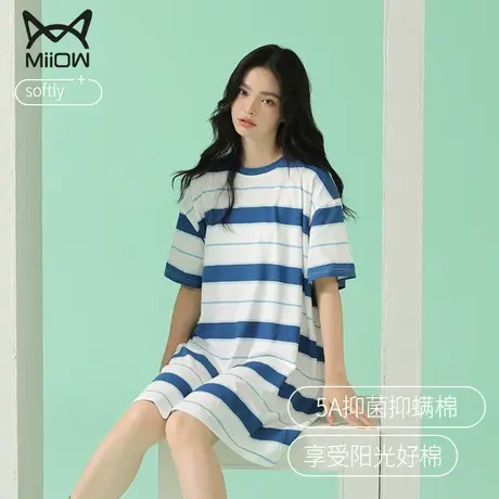 猫人睡裙夏季女款纯棉条纹短袖睡衣外穿大码女士家居服2023年新款图片