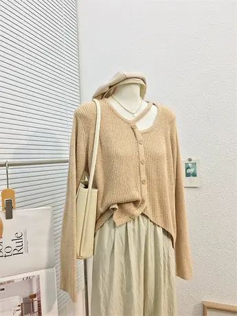 2023秋装新款镂空圆领宽松长袖针织衫 韩版休闲设计感慵懒上衣女商品大图