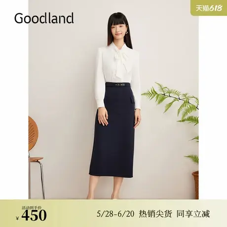 Goodland美地女装2024冬季新款法式飘带领衬衫刺绣花卉上衣商品大图