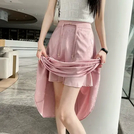 新中式缎面提花半身裙女夏季薄款国风醋酸休闲中长款A字垂感裙子图片